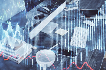 Multi exposure of forex graph and work space with computer. Concept of international online trading.