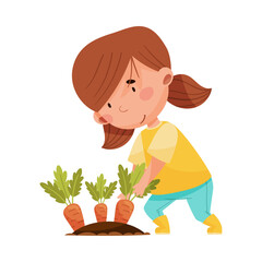 Little Girl Planting Carrot in Soil Vector Illustration