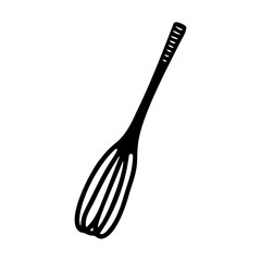 Hand drawn whisk, egg beater on a white isolated background. Elements of kitchen utensils. Doodle, simple outline illustration. It can be used for decoration of textile, paper and other surfaces.