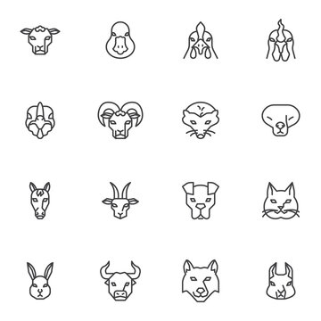 Animal head front view line icons set, outline vector symbol collection, animal face linear style pictogram pack. Signs, logo illustration. Set includes icons as duck bird, chicken, cat, dog, rabbit