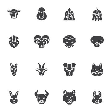 Animal head front view vector icons set, modern solid symbol collection, animal face filled style pictogram pack. Signs, logo illustration. Set includes icons as duck bird, chicken, cat, dog, rabbit