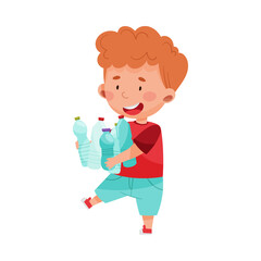 Cute Boy Gathering Plastic Bottles for Recycling Vector Illustration