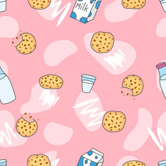 seamless pattern with milk bottle and sweet tasty biscuit cookies with chocolate
pieces, editable vector illustration for food decoration, fabric, textile, paper