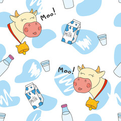seamless pattern with milk bottle and happy cow on white background, editable vector illustration for food decoration, fabric, textile, paper