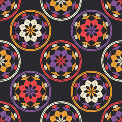 Mosaic with geometric shapes. Seamless pattern. Design with manual hatching. Textile. Ethnic boho ornament. Vector illustration for web design or print.