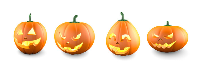 Set of angry and smiling pumpkins for halloween. Isolated on white background. 3d render
