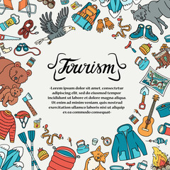 Obraz premium Vector poster with cartoon symbpols of tourism and travel. Colorful frame for use in design