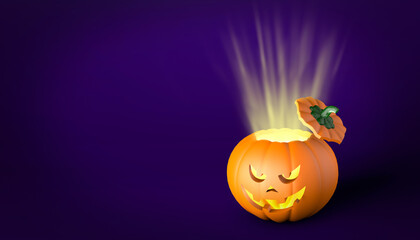 Hat off pumpkin with rays inside and an angry face. Halloween. Purple background. Copy space for text. 3d render