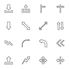 Basic arrows line icons set, outline vector symbol collection, linear style pictogram pack. Signs, logo illustration. Set includes icons as download arrow, upload, up, down, left, right, curve