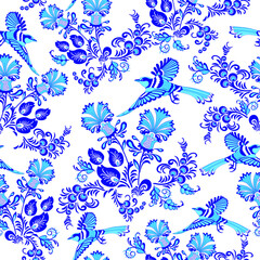Vector illustration. Floral pattern with birds. Based on Russian folk decorative painting.