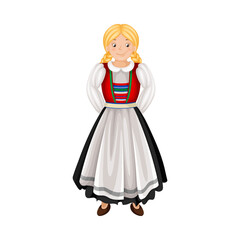 Norwegian Girl in Traditional Clothing with Apron Vector Illustration