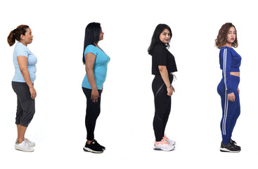 Fototapeta premium side view of a group of Latin American women with sportswear on white background