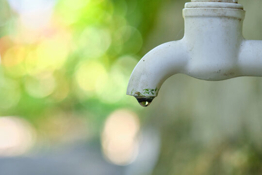 Dripping faucet in white close-up against the background of a green garden.