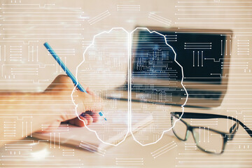 Man with multi exposure brain theme icons.