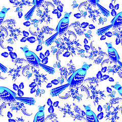 Vector illustration. Floral pattern with birds. Based on Russian folk decorative painting.