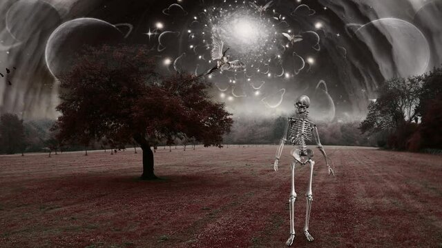Skeleton in surreal landscape. Angels fly in the sky