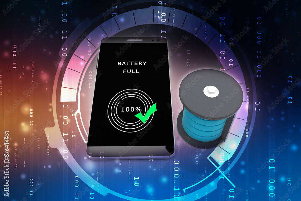 Poster 3d rendering electrical energy and power supply source concept, accumulator battery with charging le