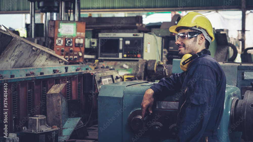 Poster smart factory worker using machine in factory workshop . industry and engineering concept.
