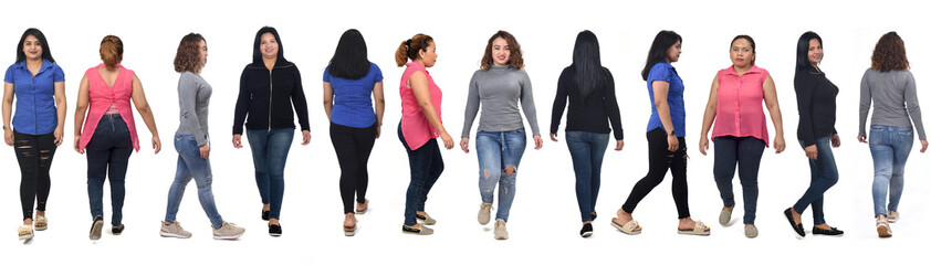 large group of latin american women walking on white background, front, side and back view