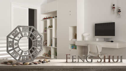 Vintage wooden table shelf with pebble balance and 3d letters making the word feng shui over children white bedroom with bunk bed, capet and desk, zen concept interior design