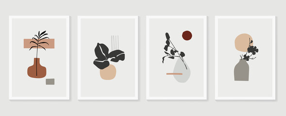 Botanischer Wandkunst-Vektorsatz. Blumen- und Laublinienkunstzeichnung mit abstrakter Form. Abstraktes Pflanzenkunstdesign für Druck, Cover, Tapete, minimale und natürliche Wandkunst. Vektor-Illustration. © TWINS DESIGN STUDIO