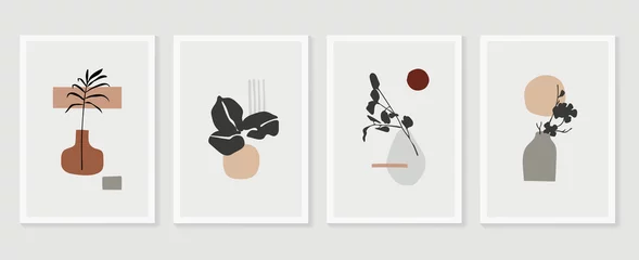 Botanischer Wandkunst-Vektorsatz. Blumen- und Laublinienkunstzeichnung mit abstrakter Form. Abstraktes Pflanzenkunstdesign für Druck, Cover, Tapete, minimale und natürliche Wandkunst. Vektor-Illustration. © TWINS DESIGN STUDIO