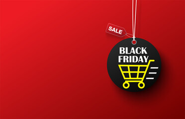 black friday label shopping cart sale on red background.