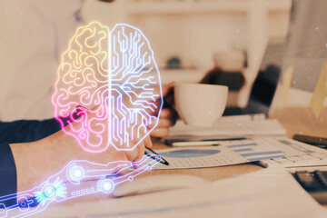 Brain multi exposure icon with man hands background.