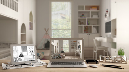 Architect designer desktop concept, laptop and tablet on wooden desk with screen showing interior design project and CAD sketch, blurred draft in the background, children bedroom
