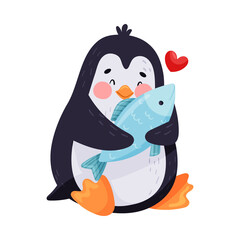 Cute Penguin Holding Fish with Its Wings Vector Illustration