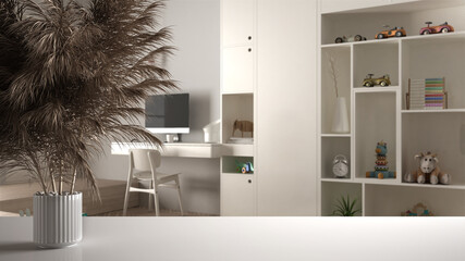 White table top or shelf with straws, dry plants, ornament, ears, sheaf, branch in vase, over modern children white bedroom with desk and chair, modern minimal interior design