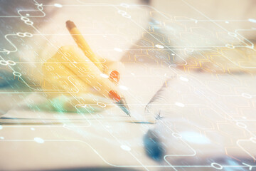 Multi exposure of woman's writing hand on background with data technology hologram. Concept of innovation.