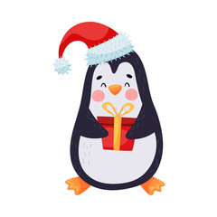 Adorable Penguin with Red Cheeks Holding Gift Box Vector Illustration