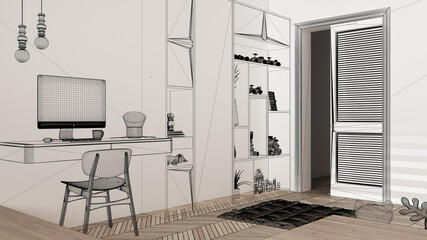 Empty white interior with white walls and herringbone parquet wooden floor, custom architecture design project, black ink sketch, blueprint showing children bedroom, architecture