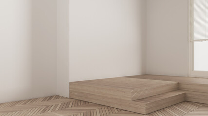 Empty room interior design, open space with herringbone parquet wooden floor, white walls, wooden steps, modern architecture idea