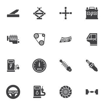 Car repair vector icons set, modern solid symbol collection, filled style pictogram pack. Signs, logo illustration. Set includes icons as headlights, speedometer, spark plug, steering wheel, battery