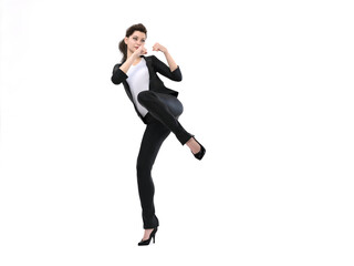 3D Render : a business woman is ready to kick in action