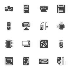Computer parts vector icons set, modern solid symbol collection, filled style pictogram pack. Signs, logo illustration. Set includes icons as computer cooler, microchip processor, pc monitor, mouse