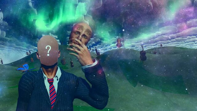 Man removes face showing question in surreal landscape