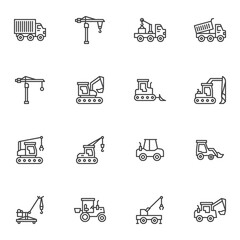 Construction transport line icons set, outline vector symbol collection, linear style pictogram pack. Signs, logo illustration. Set includes icons as delivery truck, hook crane, industrial vehicle