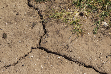 Earth land cracks with dust and rough dry surface texture, Earth's drought water shortage (Global...