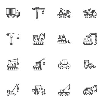 Construction transport line icons set, outline vector symbol collection, linear style pictogram pack. Signs, logo illustration. Set includes icons as delivery truck, hook crane, industrial vehicle