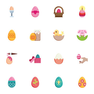 Happy easter eggs collection, flat icons set, Colorful symbols pack contains - egg painting, bunny, chick, candle, basket. Vector illustration. Flat style design