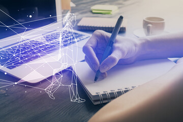Start up creative drawing over close up hands on background. Concept of brainstorming. Multi...