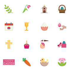 Happy Easter collection, flat icons set, Colorful symbols pack contains - tulip flower, easter eggs, chicken, bunny, calendar holiday event, church. Vector illustration. Flat style design