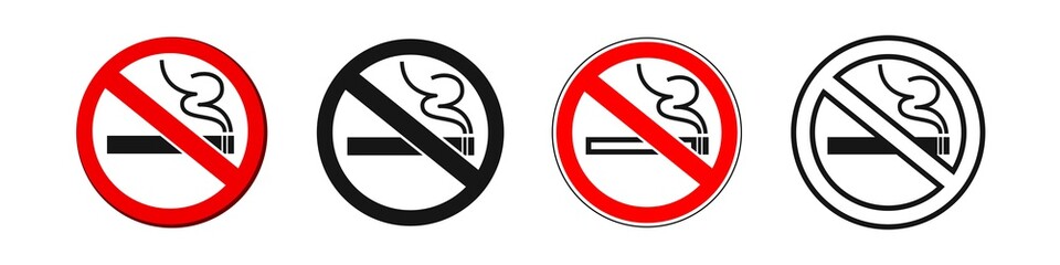 International no smoking sign. Smoking ban icons set, warning icons red and black on white background - vector illustration.