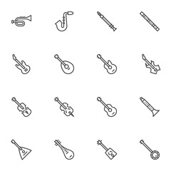 Music instrument line icons set, outline vector symbol collection, linear style pictogram pack. Signs, logo illustration. Set includes icons as saxophone, acoustic guitar, viola, flute, balalaika