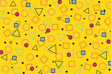 Abstract memphis style pattern seamless design. Retro 90's fashion style pop art wallpaper, geometric memphis seamless pattern background witn minimalist geometric figures on bright yellow background