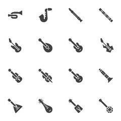 Music instrument vector icons set, modern solid symbol collection, filled style pictogram pack. Signs, logo illustration. Set includes icons as saxophone, acoustic guitar, viola, flute, balalaika