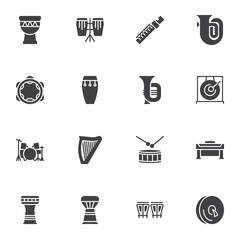 Musical instruments vector icons set, modern solid symbol collection, filled style pictogram pack. Signs, logo illustration. Set includes icons as piano, djembe drum, harp, percussion tambourine